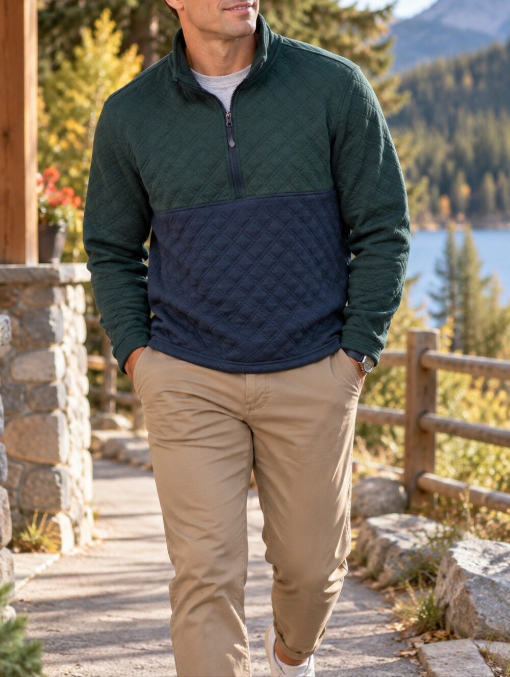 Eddie Bauer Men’s Quilted Half Zip Pullover Dark Green Navy Outdoor Sweater